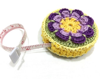 Retractable tape measure in handmade crochet cover is perfect gift for sewers, quilters, knitters, embroiderers. Has 60" measuring tape. #2