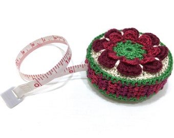 Retractable tape measure in handmade crochet cover is perfect gift for sewers, quilters, knitters, embroiderers. Has 60" measuring tape. #5