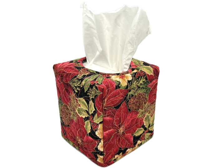 Quilted Tissue Box Cover for Christmas Featuring Poinsettia Blooms