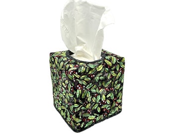 Quilted Tissue Box Cover for Christmas.  Green Leaves, Red and Pink Berries, Black Accents. Beautiful and Functional