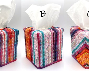 Quilted Tissue Box Cover in Made With Multi-Color Bright Stripe Fabric. Ah-CHOO!