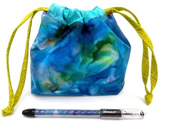 Drawstring Bag & Fabric Stuffed Pen Set-Blue/Green Batik with Green Strings and Hot Pink Interior