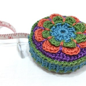 Retractable tape measure in handmade crochet cover is perfect gift for sewers, quilters, knitters, embroiderers. Has 60&quot; measuring tape. #13
