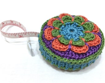 Retractable tape measure in handmade crochet cover is perfect gift for sewers, quilters, knitters, embroiderers. Has 60" measuring tape. #13