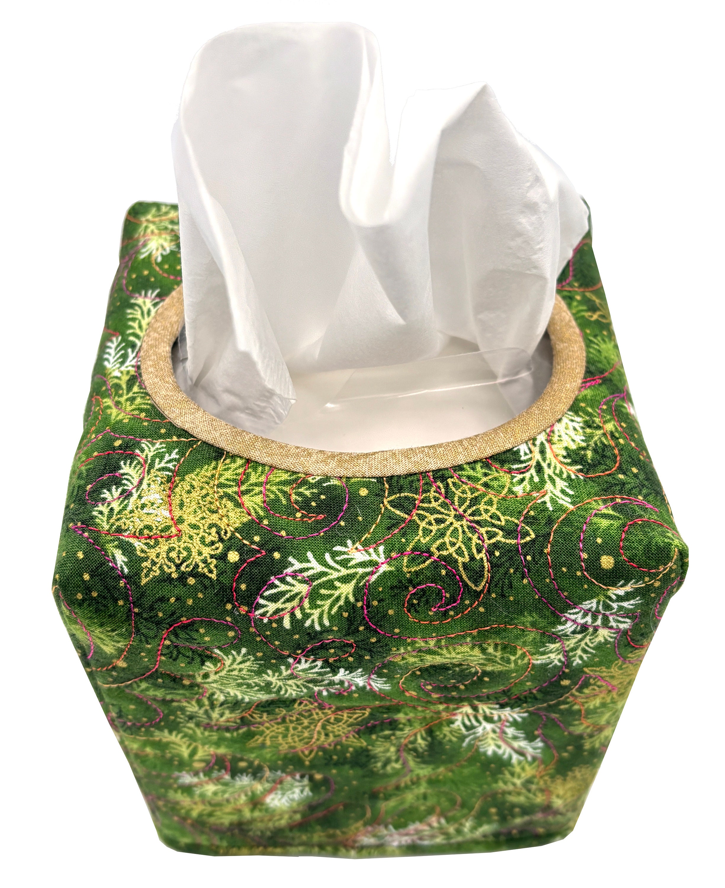 Quilted Tissue Box Cover for Christmas Beautiful Greenery With Stylized