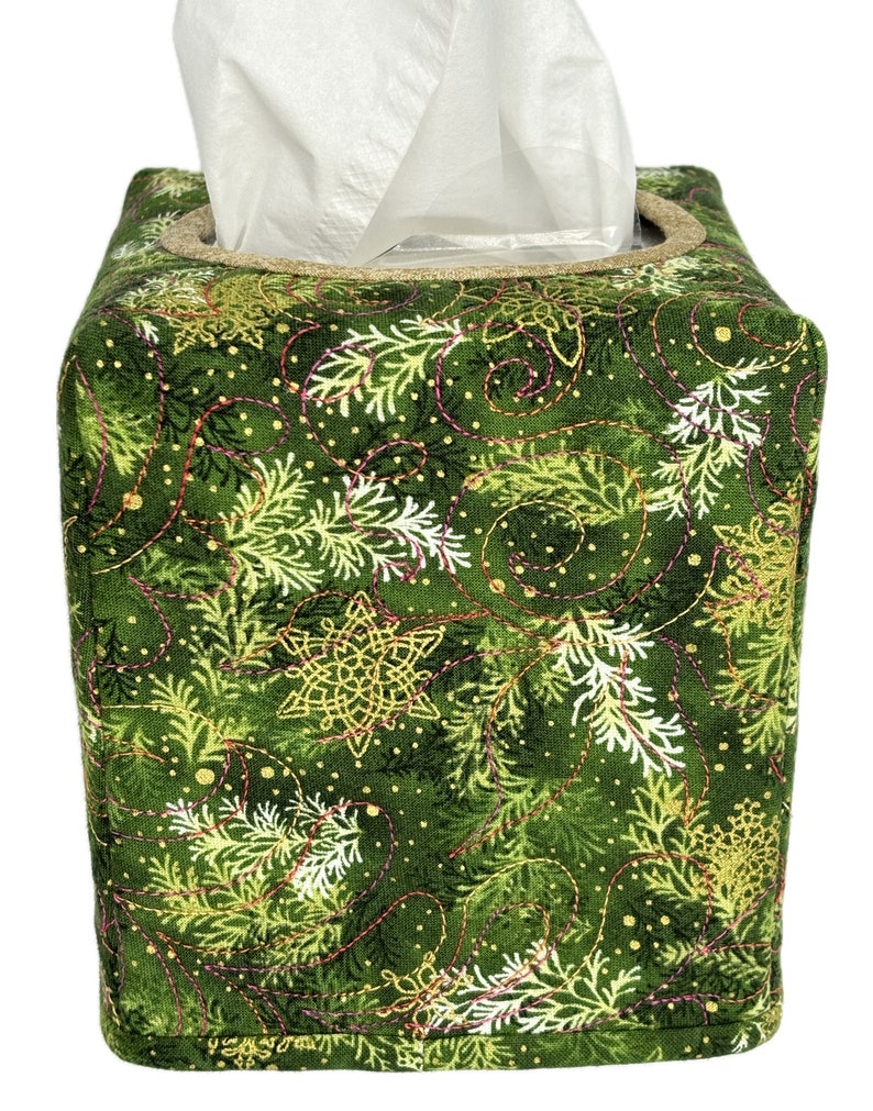 Quilted Tissue Box Cover for Christmas Beautiful Greenery With Stylized