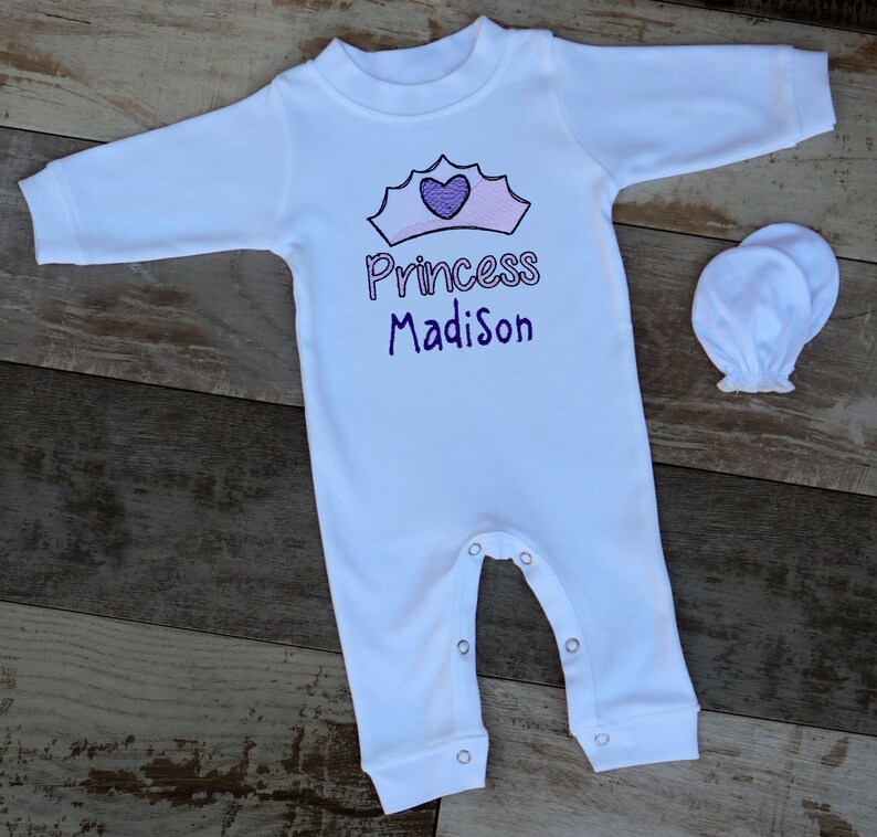 Personalized Newborn Infant Baby Boy or Girl Prince or Princess Crown Sketch and Baby Name Onesie Sleeper Romper Booties Blanket Shower Gift