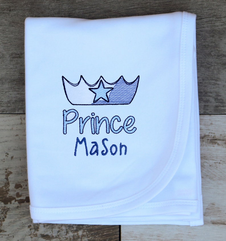 Personalized Newborn Infant Baby Boy or Girl Prince or Princess Crown Sketch and Baby Name Onesie Sleeper Romper Booties Blanket Shower Gift