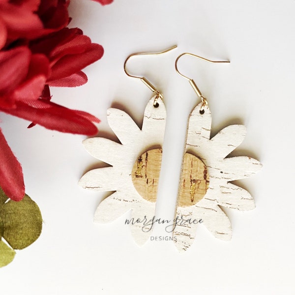 White Sunflower Earrings in Leather-Backed Cork, Neutral Earrings, Sunflower Shaped Earrings, Natural Cork Center