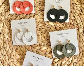 Layered Crescent Hoop Cut-Out Rounds on Silver Post, Circle Cut-Out Small Statement Earrings in Leather, Boho Leather Round Hoop Earrings