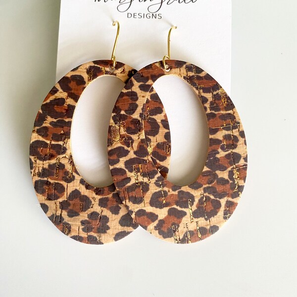 Big Beautiful Leopard Print Oval Hoops, Leopard Print w/ Gold Accented Cork Leather Oval Hoop Earrings, Big Earrings, Women’s Earrings