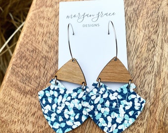 Ditsy Floral Leather Earrings, Blue and White Flowers on Navy, Spring and Summer Floral Earrings, Layered Leather Fringe Earrings