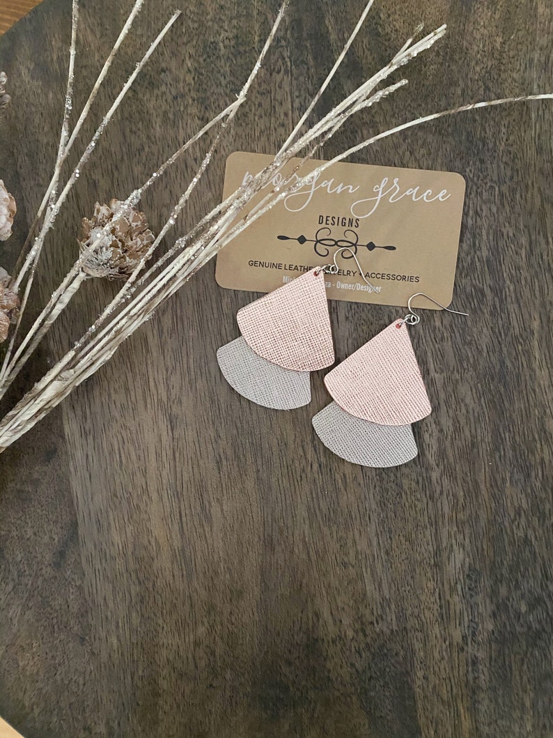 Rose Gold Gunmetal Silver Metallic Leather Layered Earrings Layered Boho Leather Earrings Boho Dangles