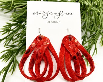 Red Leopard Print Leather Twisted Hoop Earrings, Christmas Earrings in Red Leopard Print, Holiday Earrings