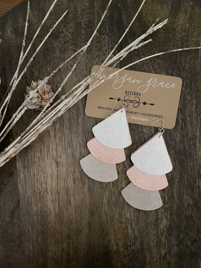 Rose Gold Gunmetal Silver Metallic Leather Layered Earrings Layered Boho Leather Earrings Boho Dangles