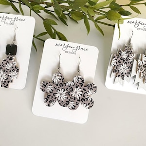 Boho Leopard + Daisies Coffee Brown Cork Leather Earrings, Southwest Style Earrings, Daisy Earrings