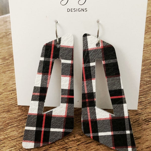 RED & BLACK BUFFALO PLAID Teardrop Earrings Faux Leather Fabric Christmas - Foto 4