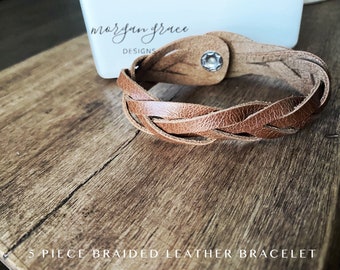 5-Piece Leather Braided Bracelet, Magic Braided Leather Bracelet in 5 Strands, Saddle Brown Leather Women’s and Men’s Bracelet