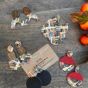 Boho Brushstroke Leather Earrings, Wood Boho Fringe Earrings, Teardrop Earrings, Multi-Color Boho Style