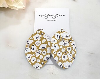 Poppy Floral Leather Earrings, Mustard Yellow Poppy Leather Earrings, Navy Poppy Floral Leather Earrings