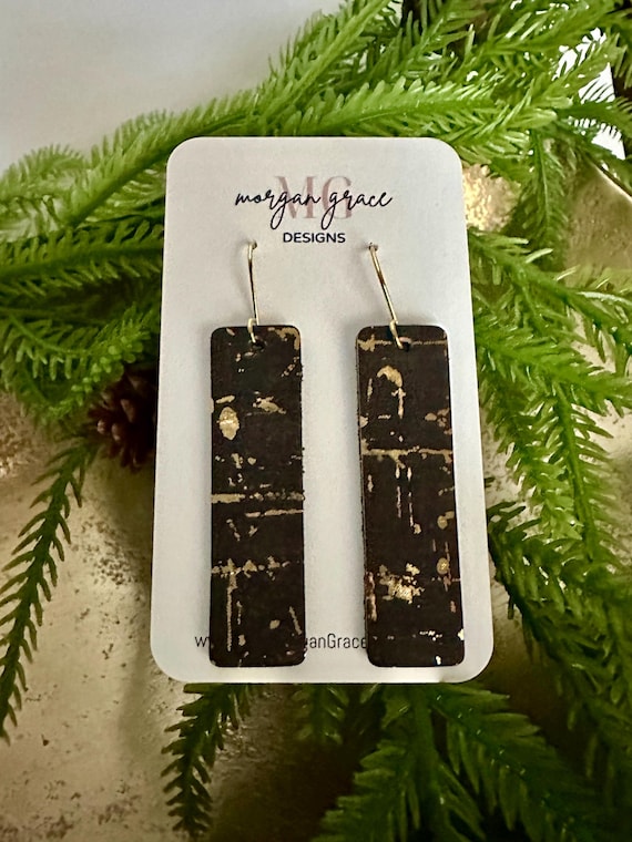 Black and Gold Metallic Leather Bar Earrings, Minimalist Style