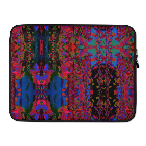 Laptop Sleeve, Retro Boho cover, abstract floral art, blue, red v2