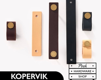 Kopervik // Soft Leather Handle Pulls with Solid Brass Hardware. 4 Sizes, 3 Colours: Black, Brown, Beige - Hardware for Cabinets, Furniture