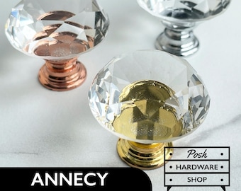 Annecy // Clear Crystal Glass Diamond Knobs - Quality Hardware for Cabinets and Furniture - Gold, Silver, Rose Bases - Width: 30 mm, 1 3/16&quot;