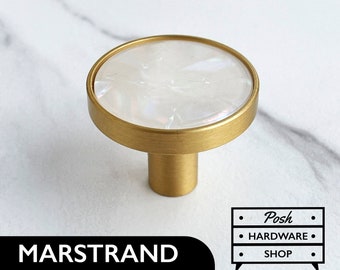 Marstrand // Contemporary Brass Round Knobs with White Shell - Modern Hardware Knobs for Kitchens, Bathrooms, Furniture. 3 Sizes Available.