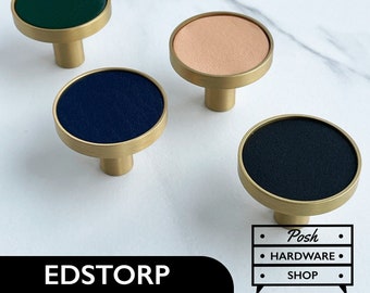 Edstorp // Leather and Brass Knobs - Contemporary Hardware for Cabinets and Furniture. 4 Colours: Beige, Black, Blue, and Green.