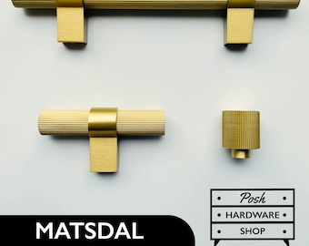 Matsdal // Solid Brass Gold Handle Pulls and Knobs with a Linear Ridge Design. Sophisticated Hardware for Kitchens, Bathrooms, Furniture.