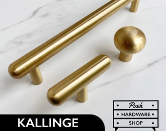 Kallinge // Tiradores y perillas con mango dorado de latón macizo: herrajes contemporáneos de calidad para cocinas, baños, gabinetes y muebles.