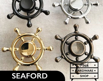 Seaford // Rotierende Bootslenkradknöpfe - Nautische Schiffsschrankbeschläge - Schwarz, Gold, Silber, Bronze. Breite: 71 mm