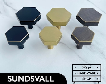 Sundsvall // Solid Brass Hexagon Knobs - Hardware for Cabinets, Kitchens, Bathrooms, Furniture. 3 Colours: Gold, Black, Bronze.