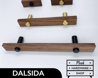 Dalsida // Walnut Wood Handles and Knobs with Brass Bases - Hardware for Cabinets, Furniture, Kitchens, Bathrooms. Bases in Gold or Black.
