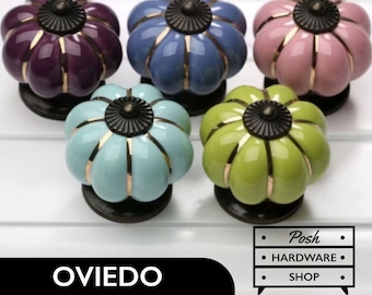 Oviedo // Vintage-Style Ceramic Pumpkin Knobs. Pink, Purple, Green, Blue, Turquoise. Knobs for Cabinets, Furniture. Diameter: 38 mm, 1 1/2"