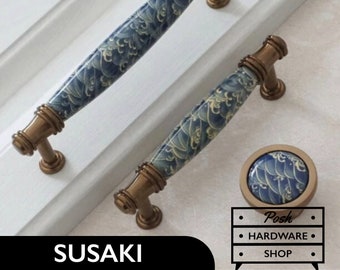 Susaki // Ceramic Blue Wave Handle Pull and Knob - Hardware for Cabinets and Drawers. 2 Sizes of Handle Pull.
