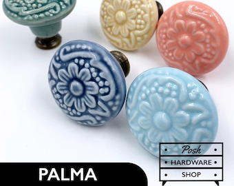Palma // Vintage-Style Ceramic Round Floral Blossom Knobs for Cabinets and Furniture. Blue, Green, Yellow, Pink. Width: 33 mm, 1 5/16&quot;.