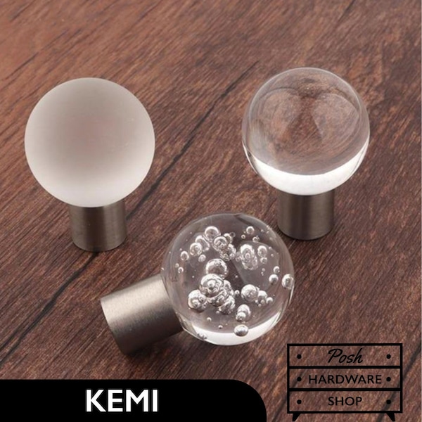 Kemi // Crystal Glass Sphere Knobs - Hardware for Cabinets and Furniture - 3 Styles: Bubbles, Transparent, Frosted