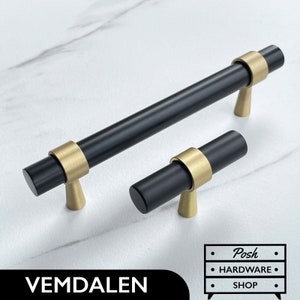 Vemdalen // Black and Gold Solid Brass Round Bar Handle Pulls and Knobs - Hardware for Kitchens, Bathrooms, Cabinets, Furniture