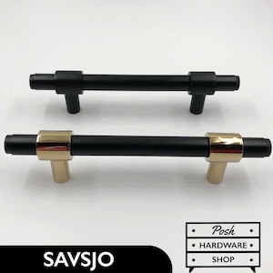 Savsjo // Solid Brass Black Handle Pulls and Knob - Hardware for Cabinets and Drawers. Solid Black or Black with Shiny Gold Bases.