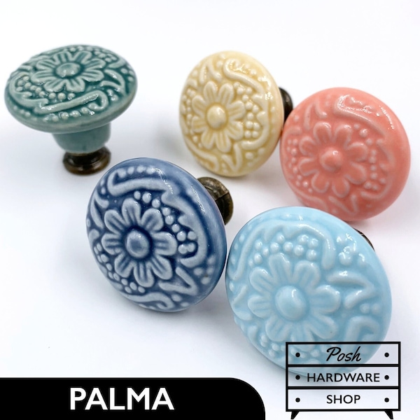 Palma // Vintage-Style Ceramic Round Floral Blossom Knobs for Cabinets and Furniture. Blue, Green, Yellow, Pink. Width: 33 mm, 1 5/16".