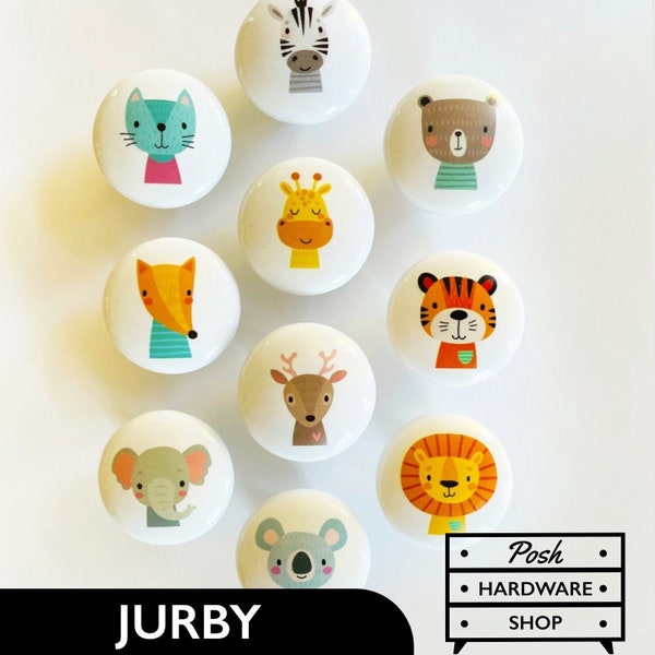 Jurby // Ceramic Animal Knobs - Hardware for Child's Room, Baby Nursery - Bear, Cat, Deer, Elephant, Fox, Giraffe, Lion, Panda, Tiger, Zebra