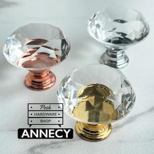 May include: Three faceted clear glass cabinet knobs with metallic bases in copper, silver, and gold finishes. The image includes a logo graphic with the text Posh Hardware Shop and the word ANNECY in a black rectangular box at the bottom.