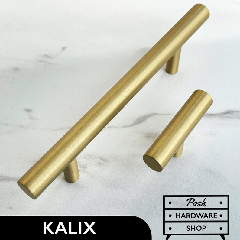 Posh Hardware Shop - Kalix Solid Brass Gold Handle Pulls and Knobs for Kitchens, Bathrooms, Cabinets, and Furniture.