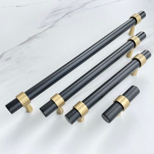 Vemdalen // Black and Gold Solid Brass Round Bar Handle Pulls and Knobs Hardware for Kitchens, Bathrooms, Cabinets, Furniture image 2