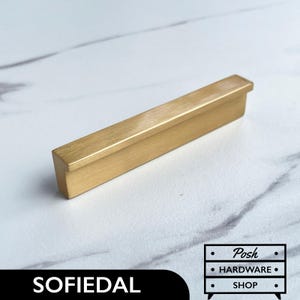 Puede incluir: Un tirador de armario de metal de color dorado con forma rectangular y un borde ligeramente elevado. El tirador tiene un acabado cepillado.