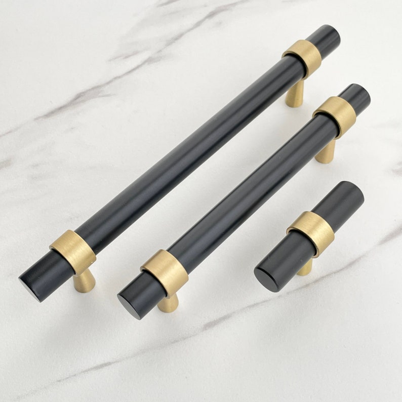 Vemdalen // Black and Gold Solid Brass Round Bar Handle Pulls and Knobs Hardware for Kitchens, Bathrooms, Cabinets, Furniture image 6