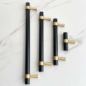 Vemdalen // Black and Gold Solid Brass Round Bar Handle Pulls and Knobs Hardware for Kitchens, Bathrooms, Cabinets, Furniture image 5