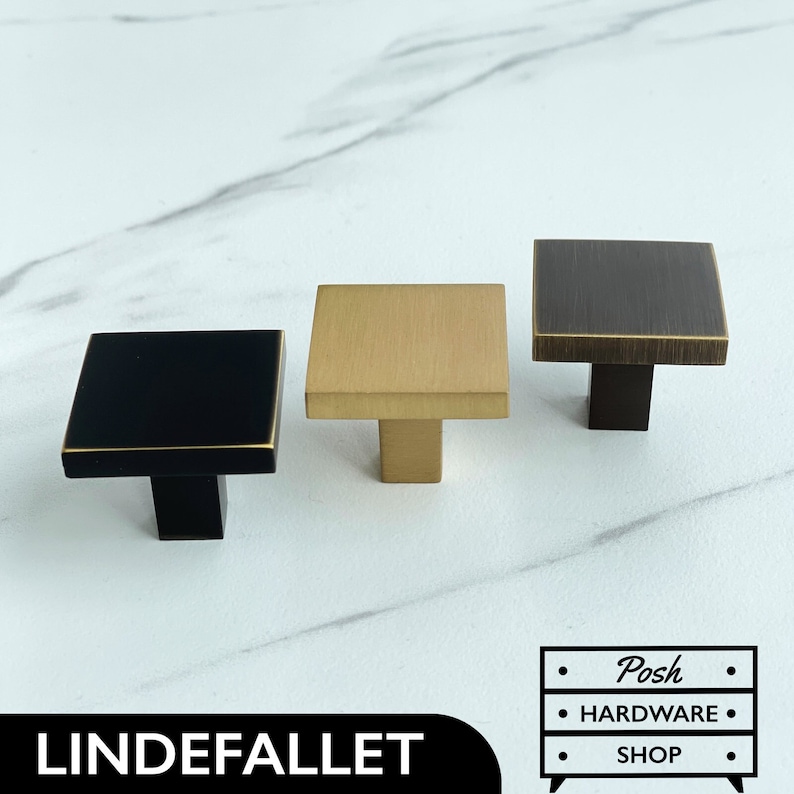 Posh Hardware Shop - Lindefallet Solid Brass Square Knobs for Kitchens, Bathrooms, Cabinets, Furniture